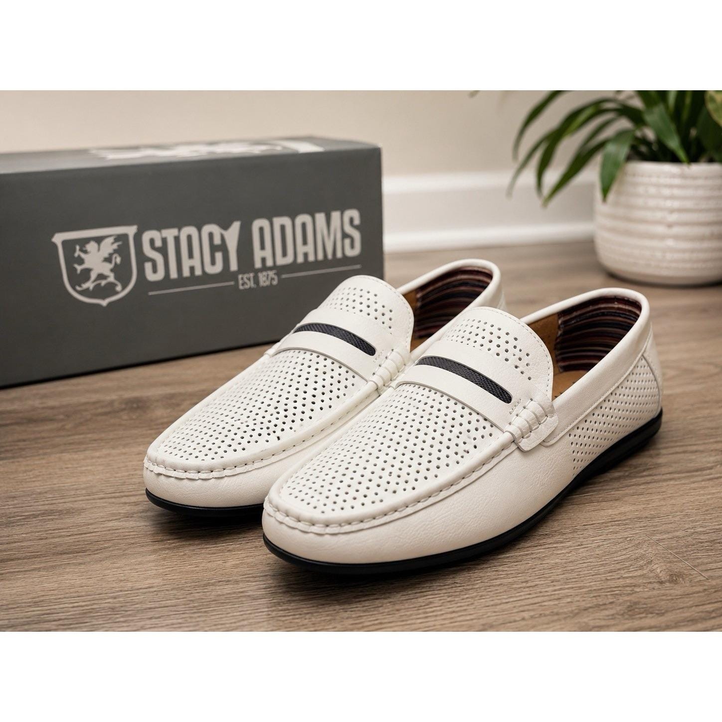 Stacy Adams Corby Loafers Men's 11.5m White Perforated Slip On Dress Shoes New